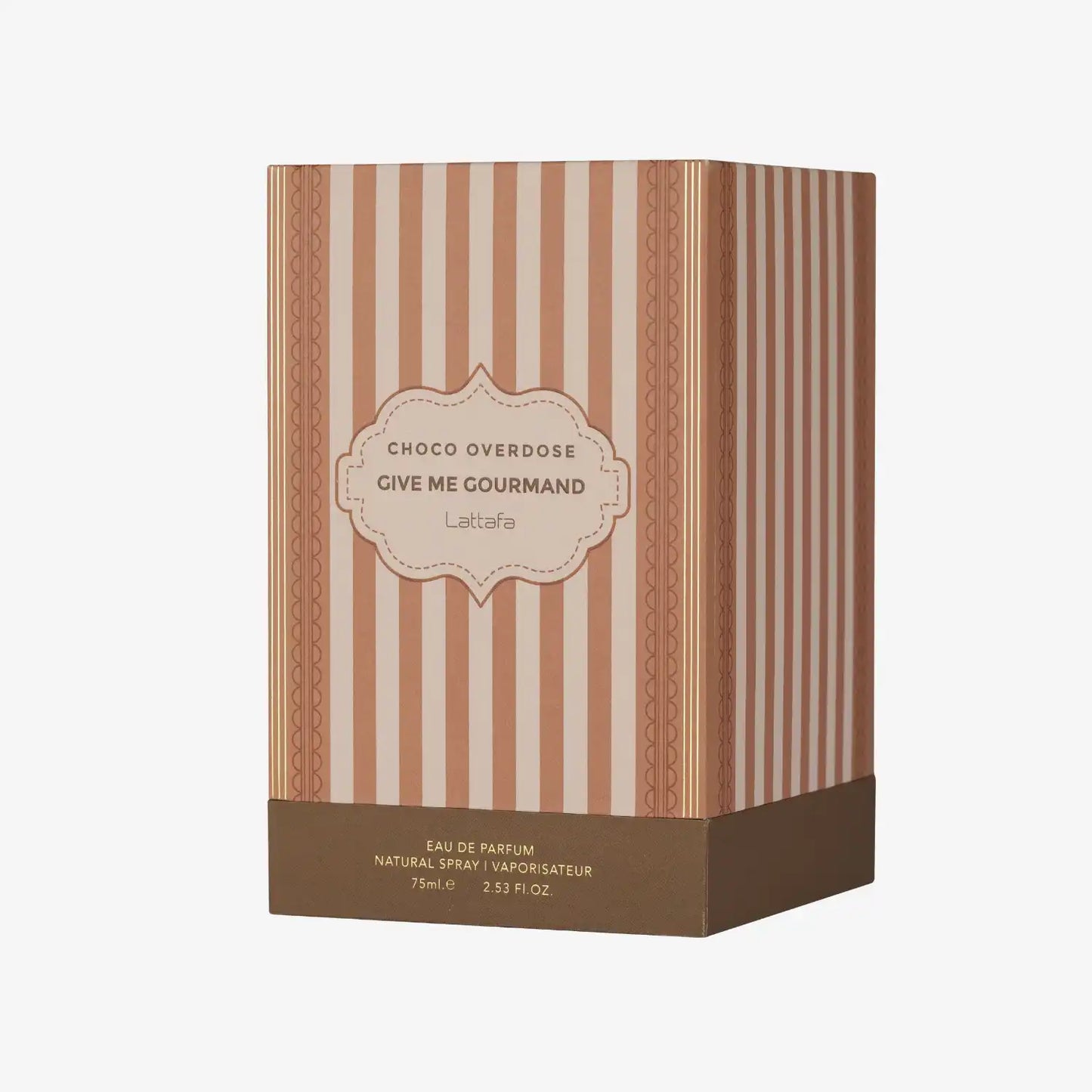 Lattafa Choco Overdose Give Me Gourmand perfume box with brown and beige stripes