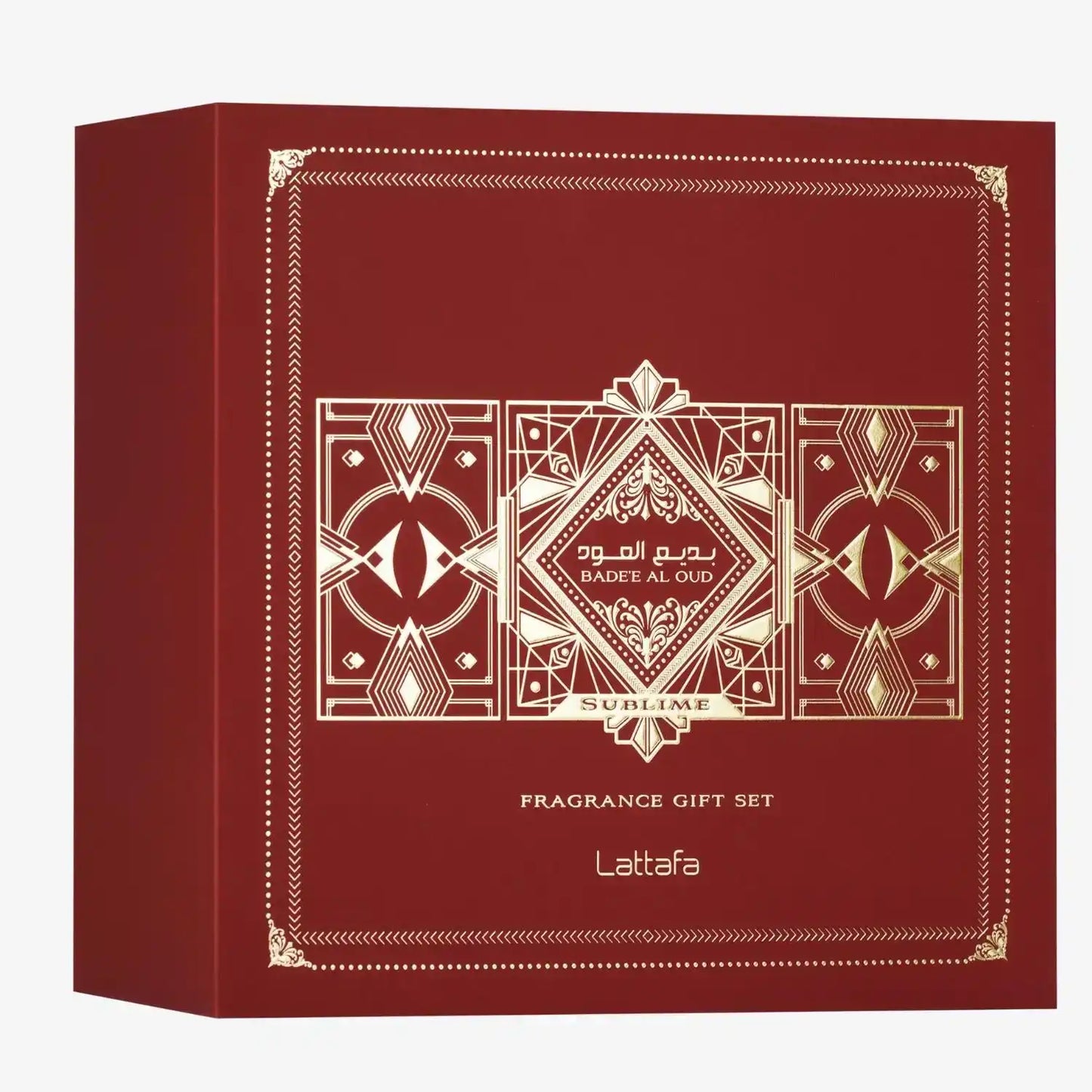 Red and gold Badee Al Oud Sublime fragrance gift set box with geometric Middle Eastern design