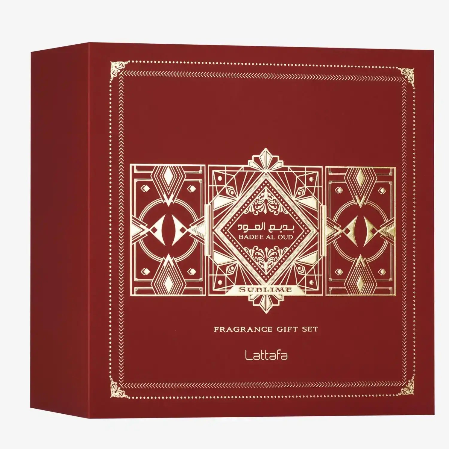 Red and gold Badee Al Oud Sublime fragrance gift set box with geometric Middle Eastern design