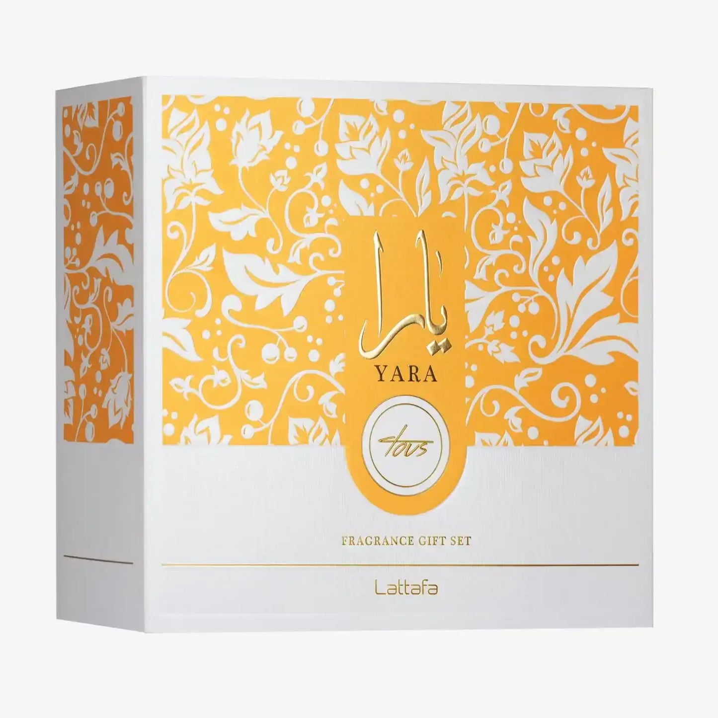 Yara fragrance gift set box with gold floral design and Arabic calligraphy