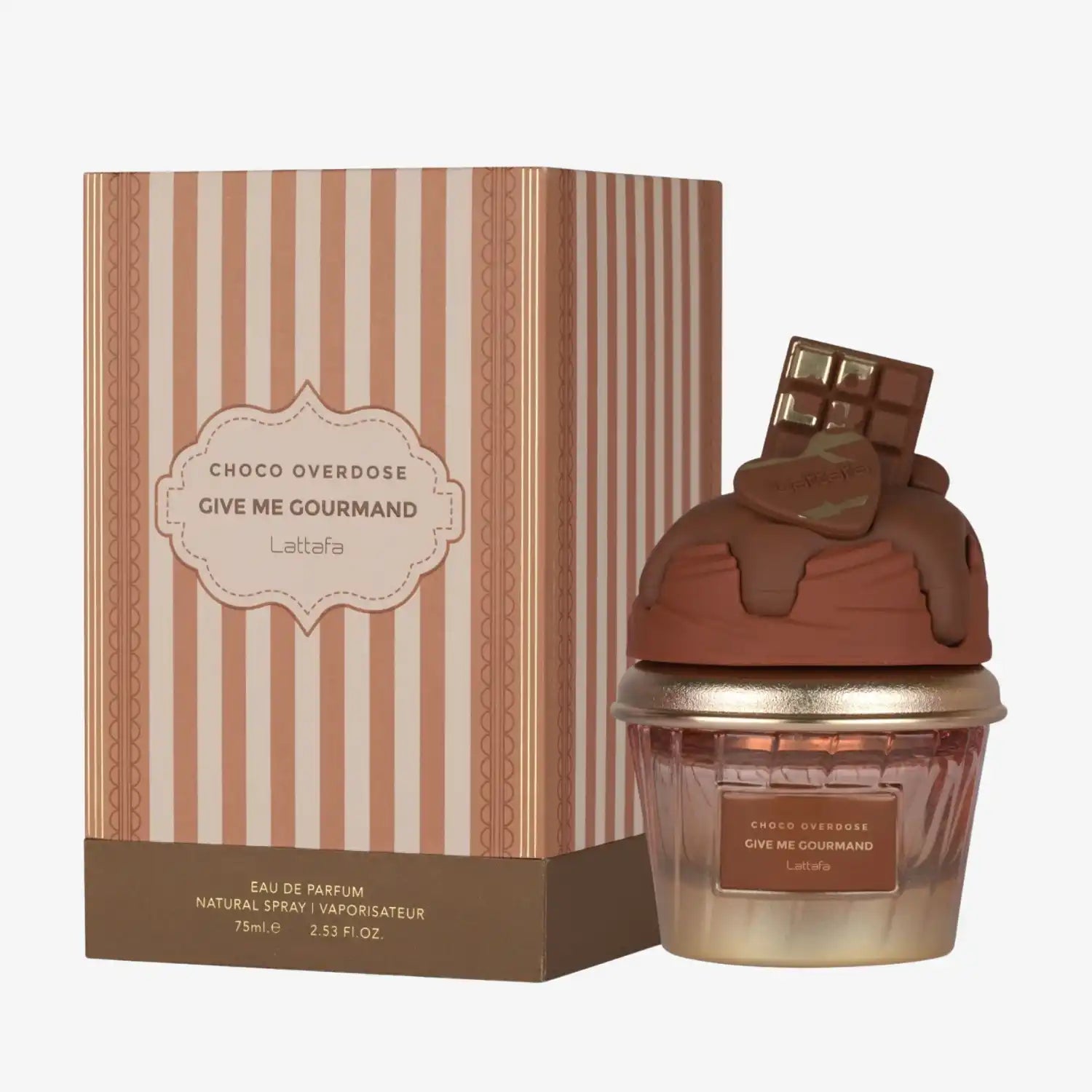 Choco Overdose Give Me Gourmand perfume bottle with chocolate-themed cap and matching box
