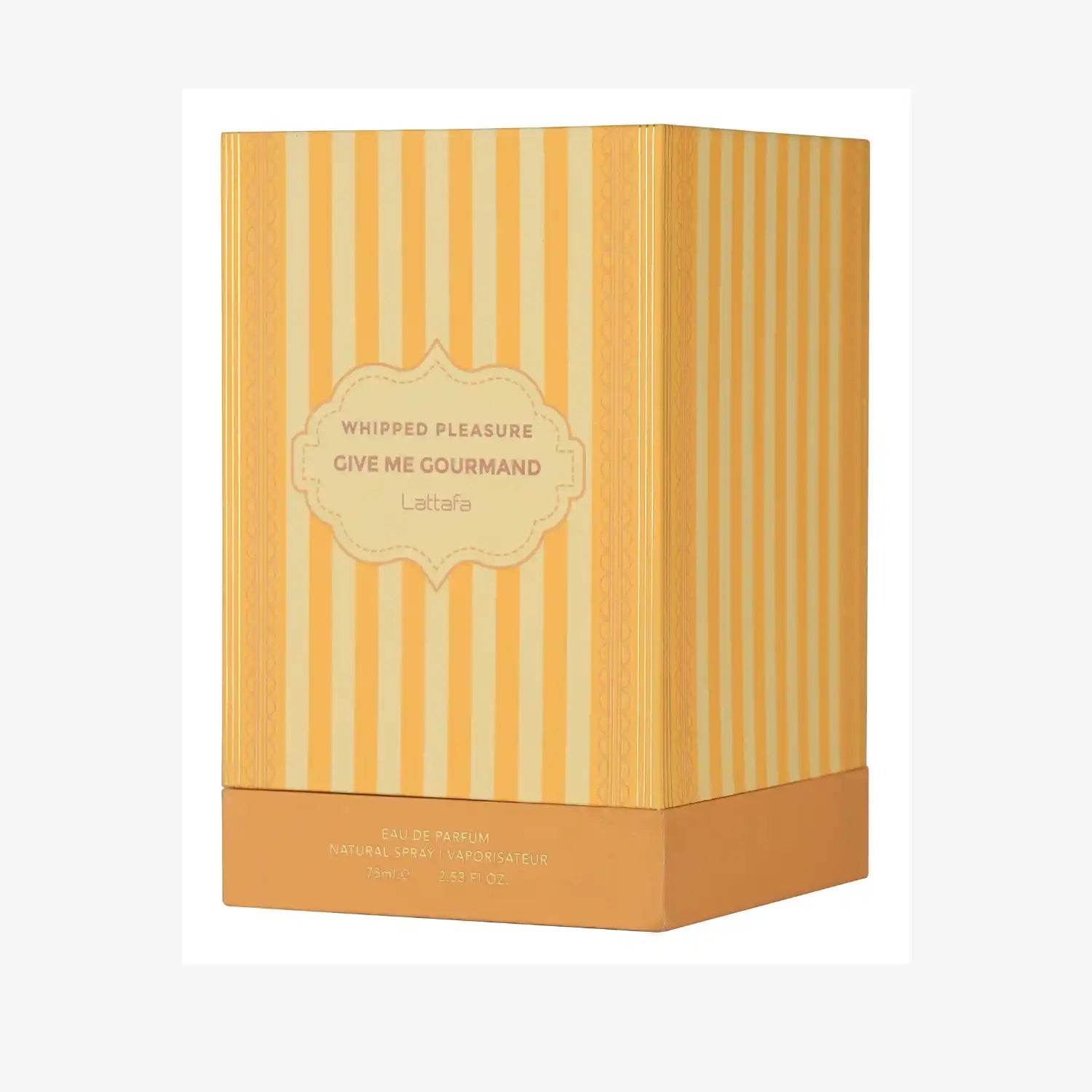 Lattafa Whipped Pleasure Give Me Gourmand perfume box with yellow stripes on white background