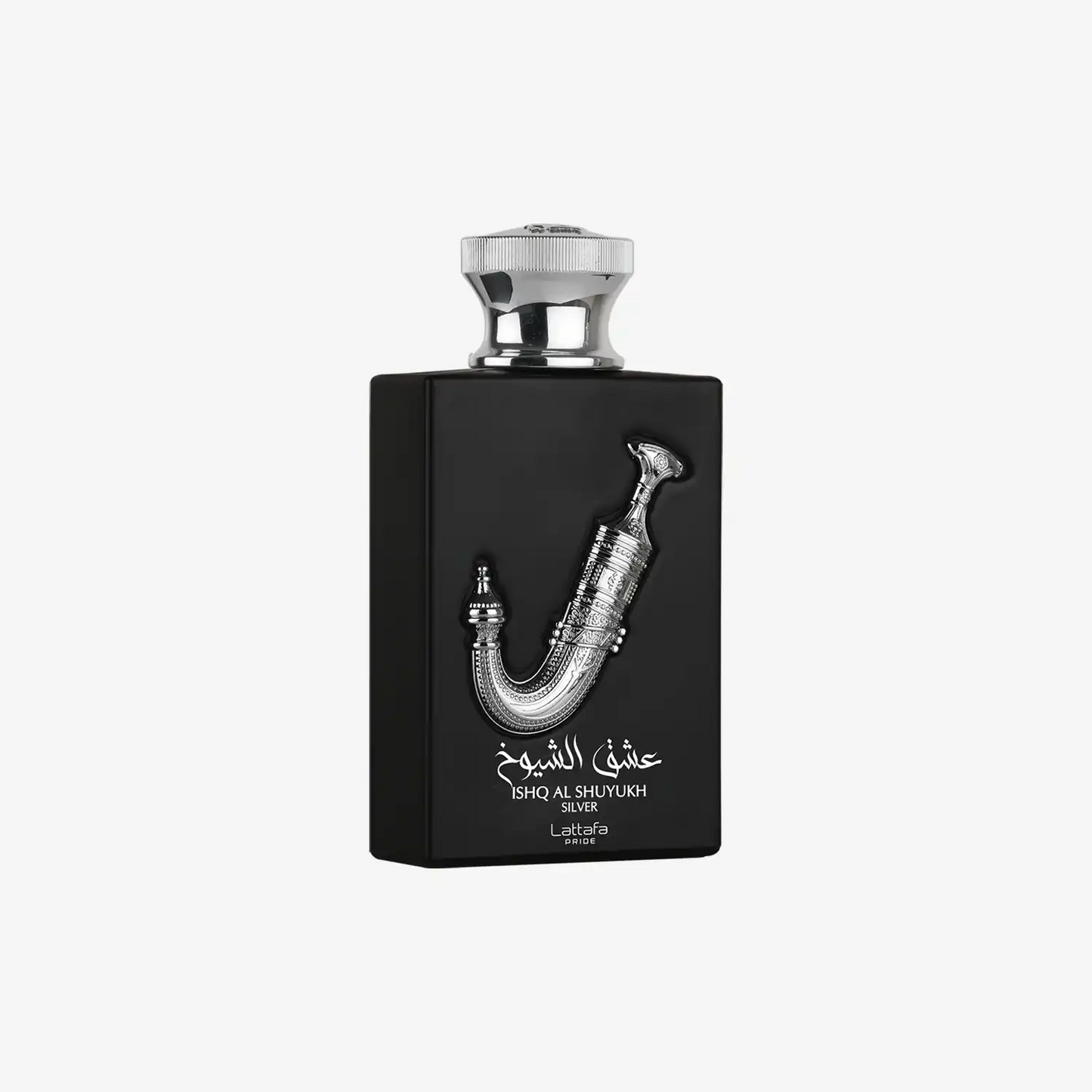 Black Ishq Al Shuyukh Silver perfume bottle with Arabic script and ornate silver dagger design