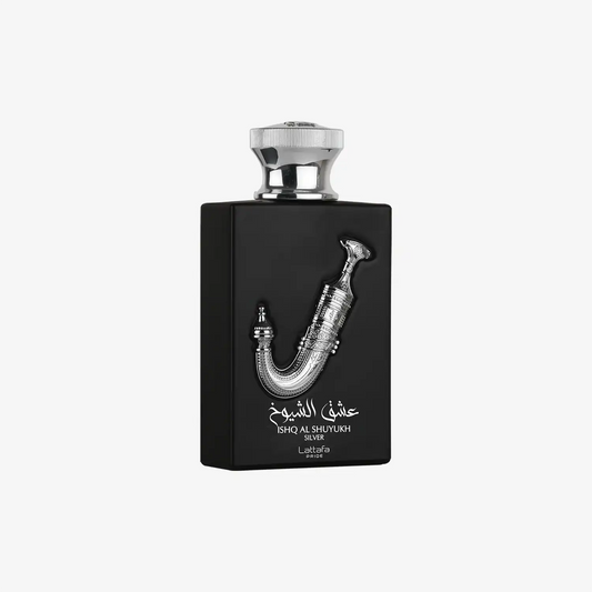 Black Ishq Al Shuyukh Silver perfume bottle with Arabic script and ornate silver dagger design