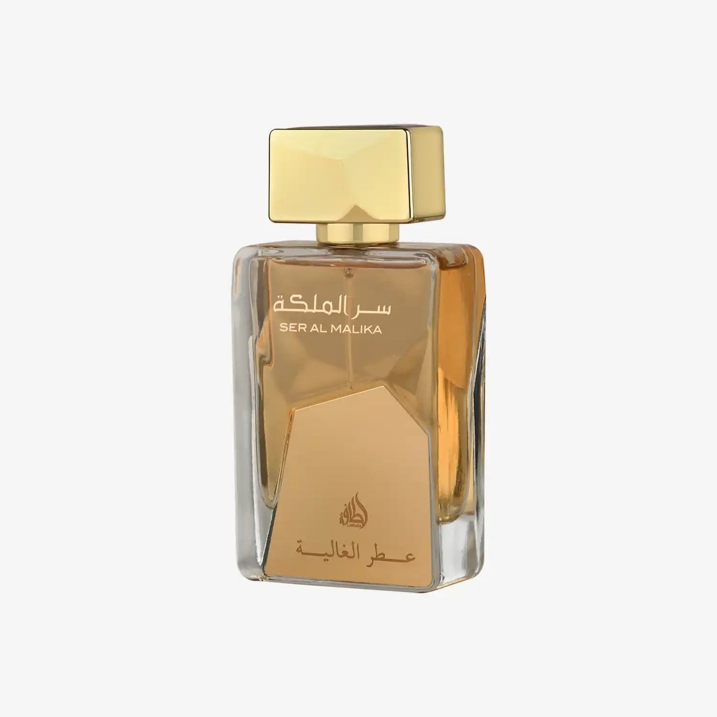 Luxury Middle Eastern perfume bottle with gold cap and Arabic label, clear glass design