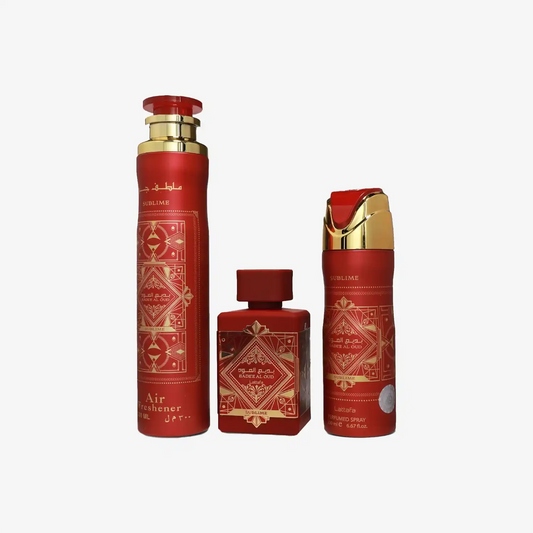 Red Middle Eastern perfume and air freshener set with gold accents and geometric designs