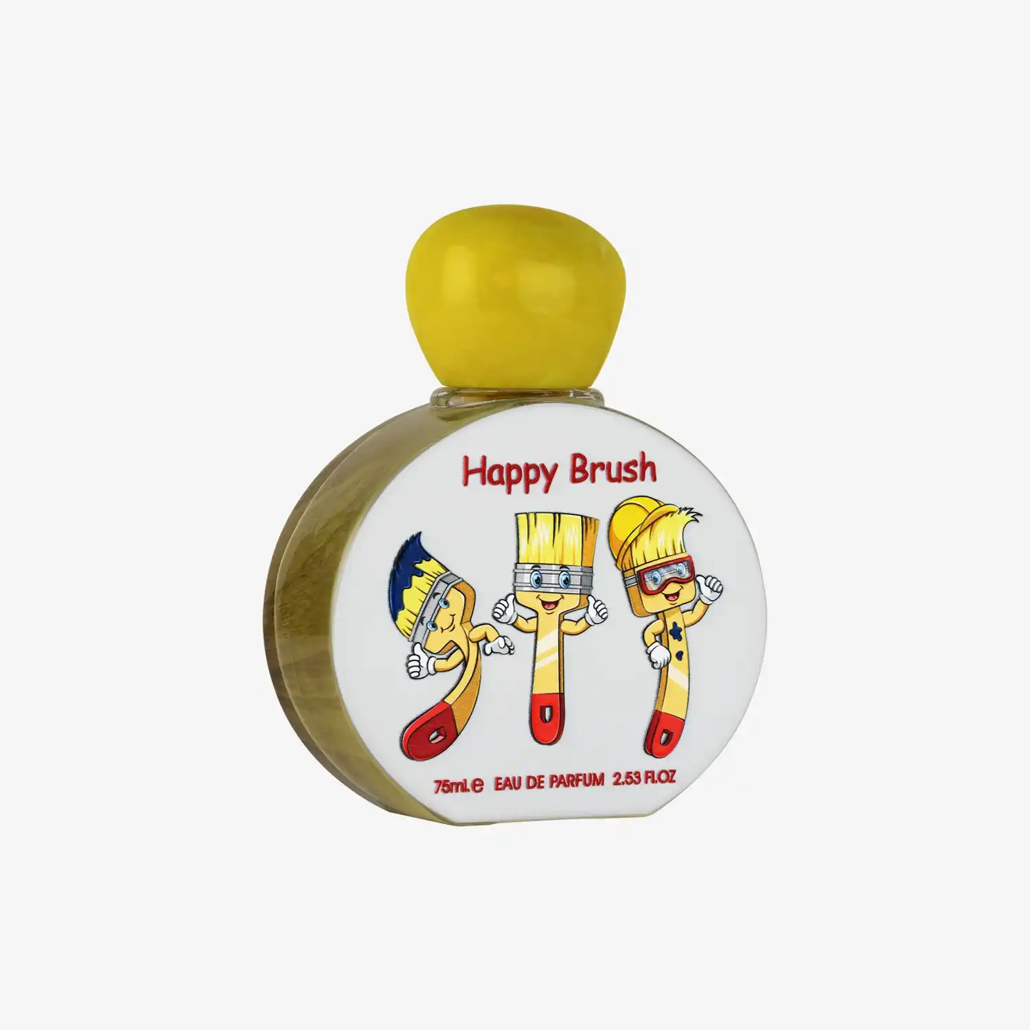 Happy Brush perfume bottle with cartoon paintbrush characters, yellow cap, 75ml