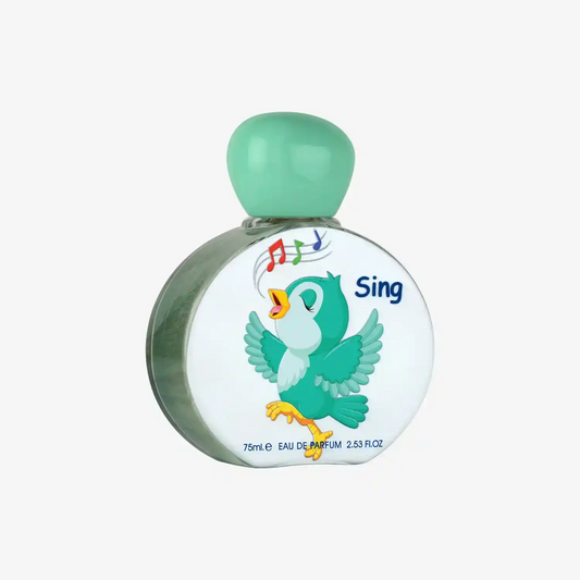 Round perfume bottle with green cap, cartoon singing bird, musical notes, and the word Sing on label