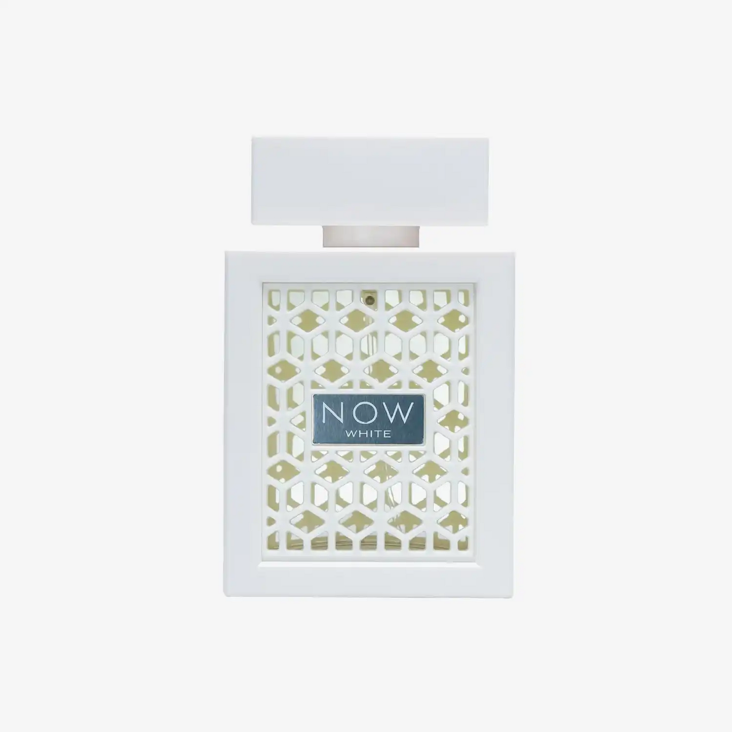 White perfume bottle with geometric lattice design and NOW WHITE label, Middle Eastern style