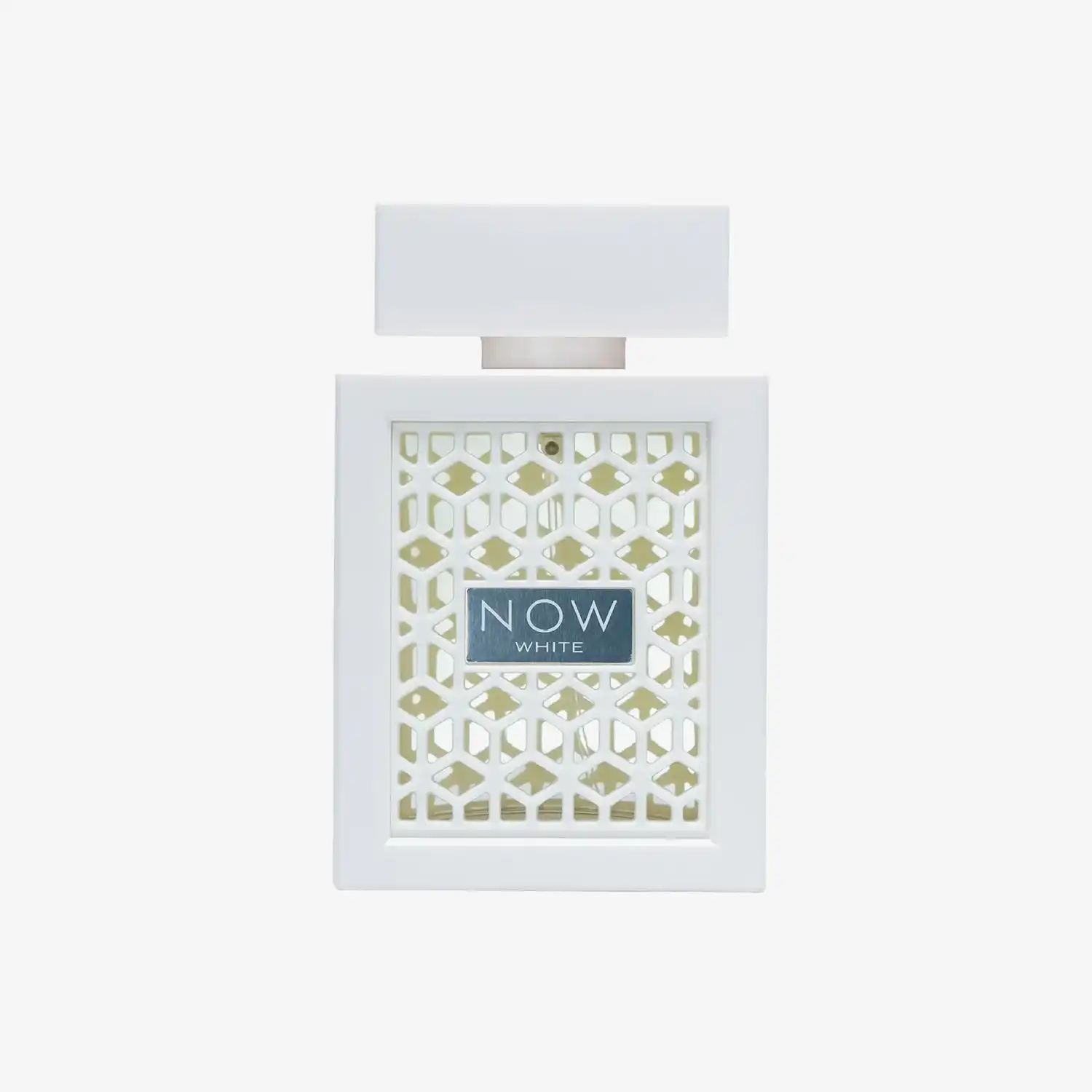 White perfume bottle with geometric lattice design and NOW WHITE label, Middle Eastern style