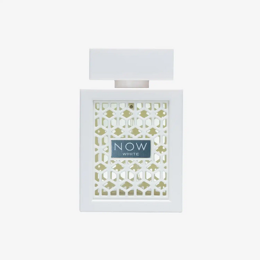 White perfume bottle with geometric lattice design and NOW WHITE label, Middle Eastern style