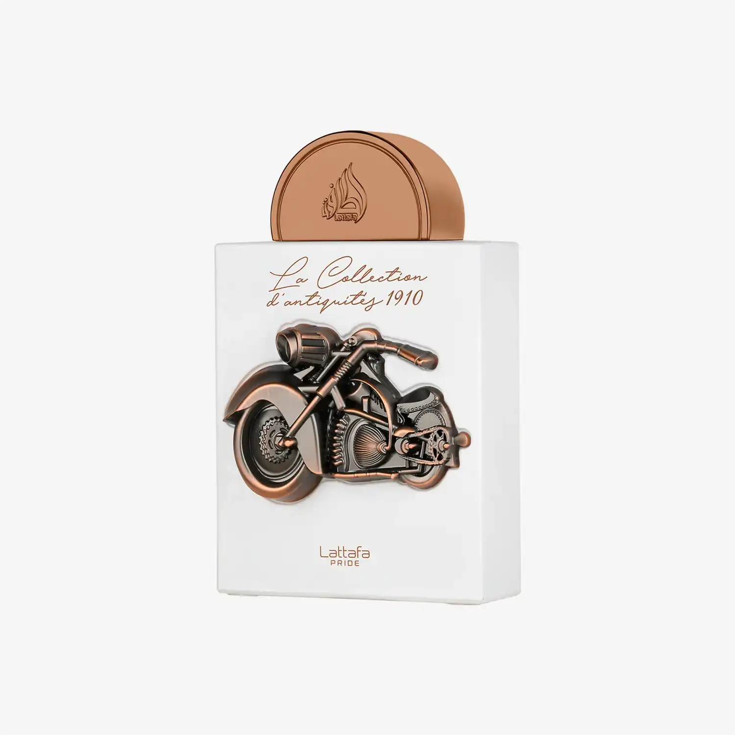 White perfume bottle with bronze motorcycle design and embossed round cap, featuring 'La Collection d'antiquités 1910' and 'Lattafa Pride' text.