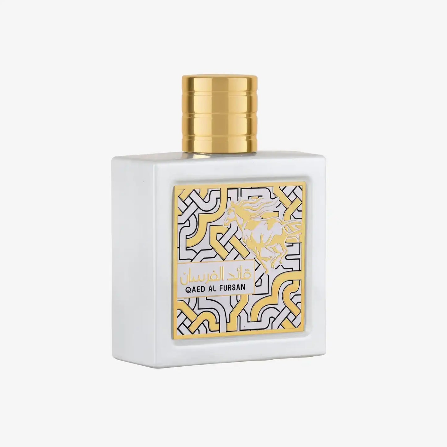 White and gold Qaed Al Fursan perfume bottle with Arabic patterns and a horse design