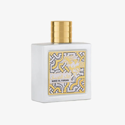 White and gold Qaed Al Fursan perfume bottle with Arabic patterns and a horse design