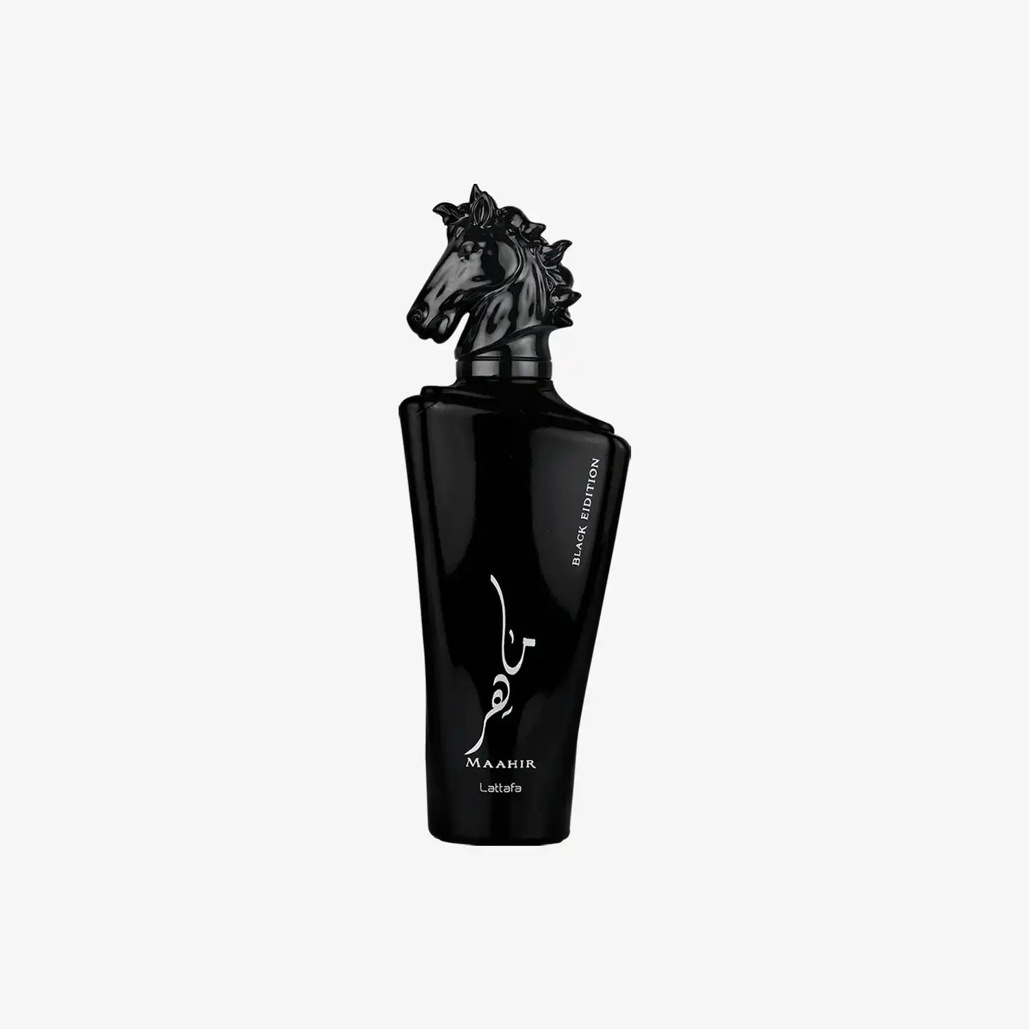 Black perfume bottle with horse head cap and Arabic script on white background
