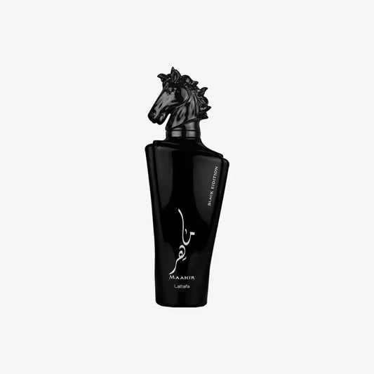 Black perfume bottle with horse head cap and Arabic script on white background