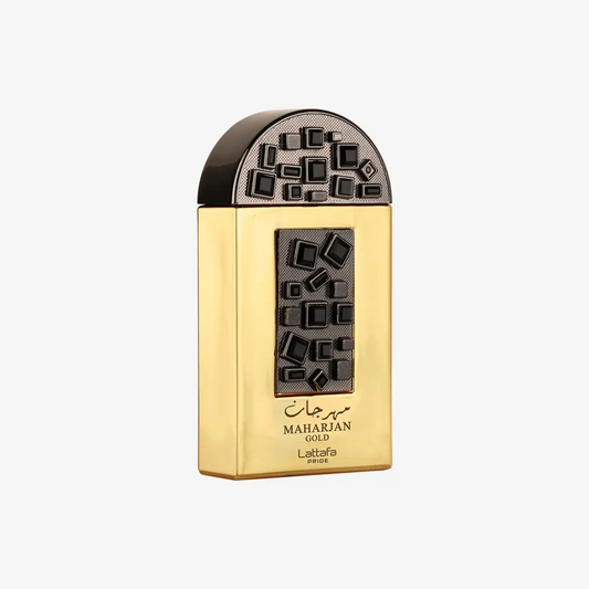 Maharjan Gold perfume bottle with geometric black and gold accents, Middle Eastern fragrance