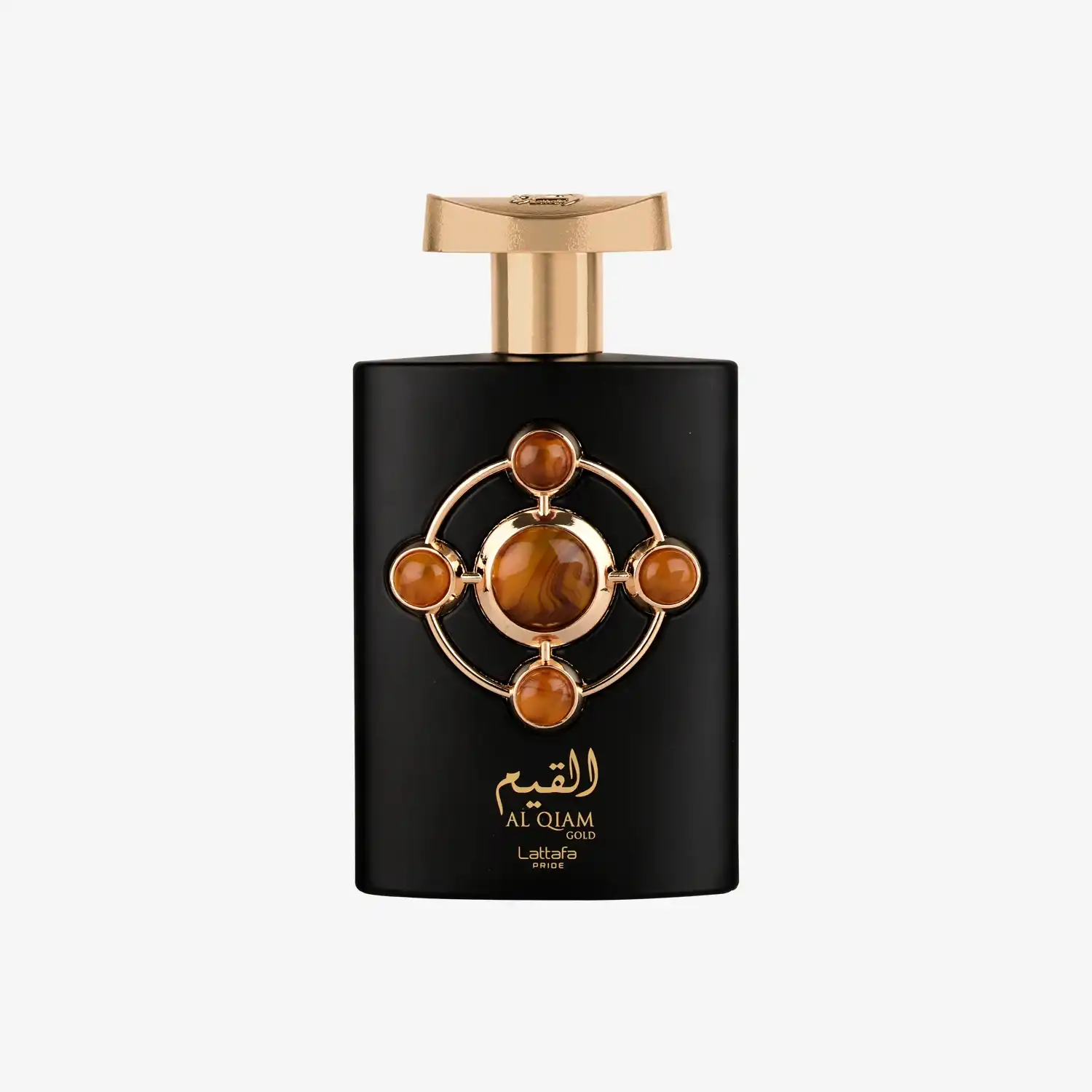Black and gold Middle Eastern perfume bottle with decorative amber accents and Arabic text
