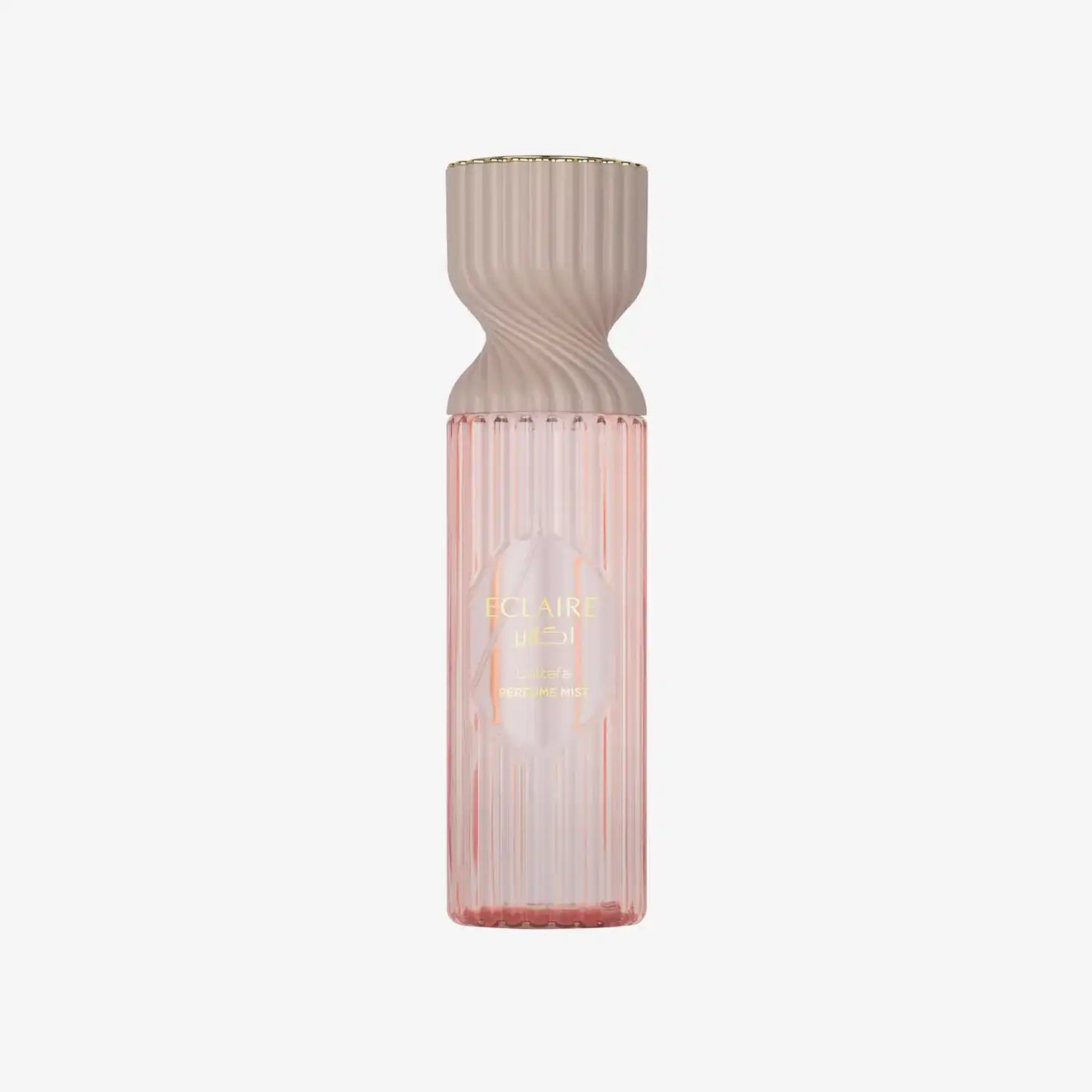Elegant pink perfume mist bottle with gold text and ribbed design on white background