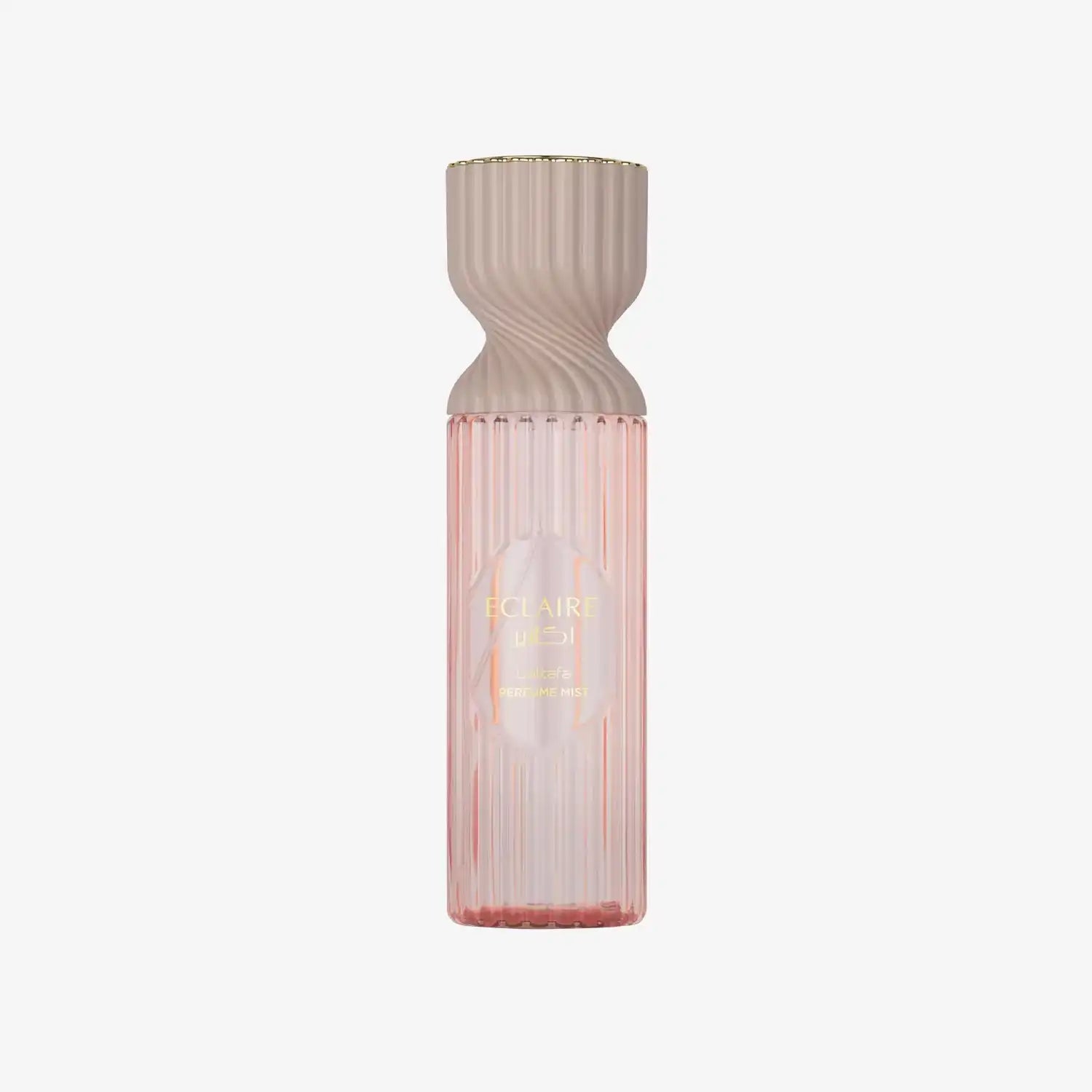 Elegant pink perfume mist bottle with gold text and ribbed design on white background