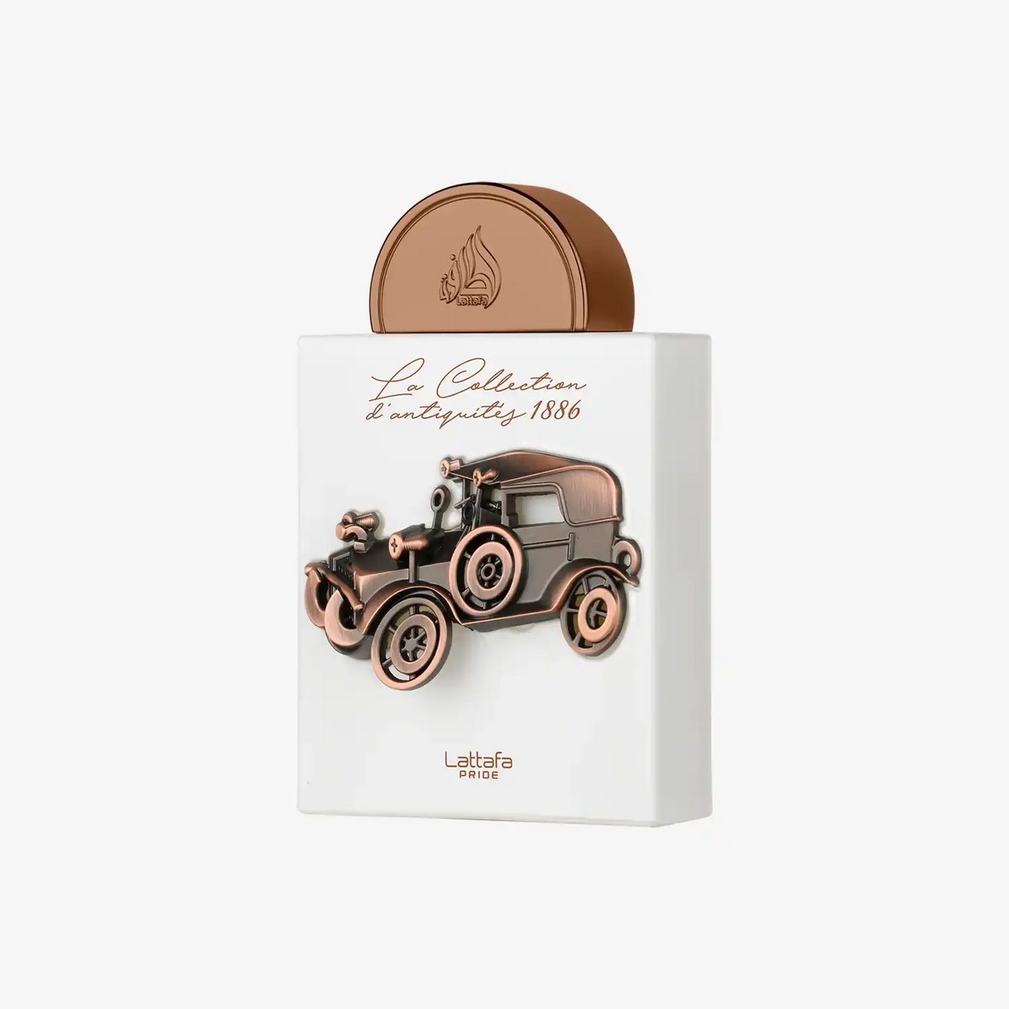 White perfume bottle with bronze vintage car design and round bronze cap