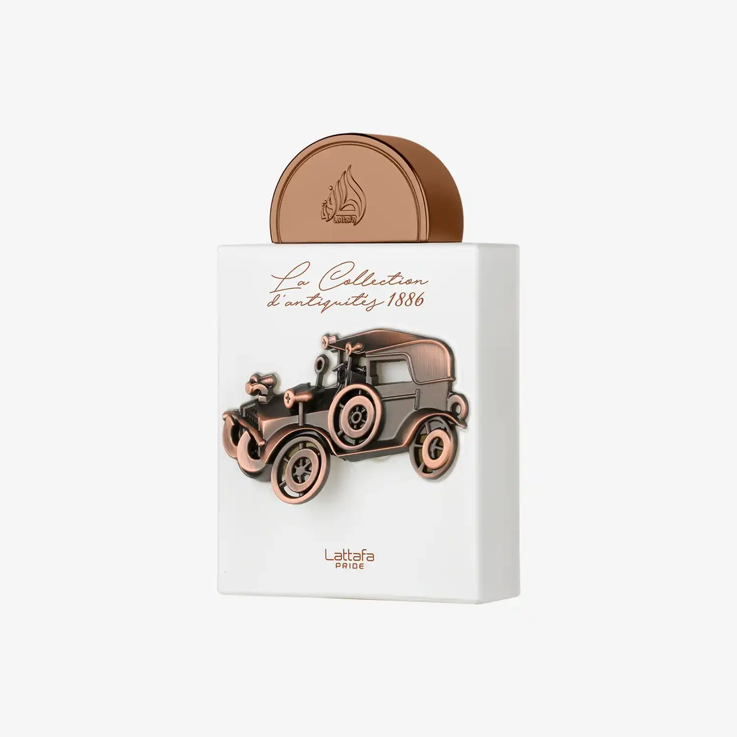 White perfume bottle with bronze vintage car design and round bronze cap
