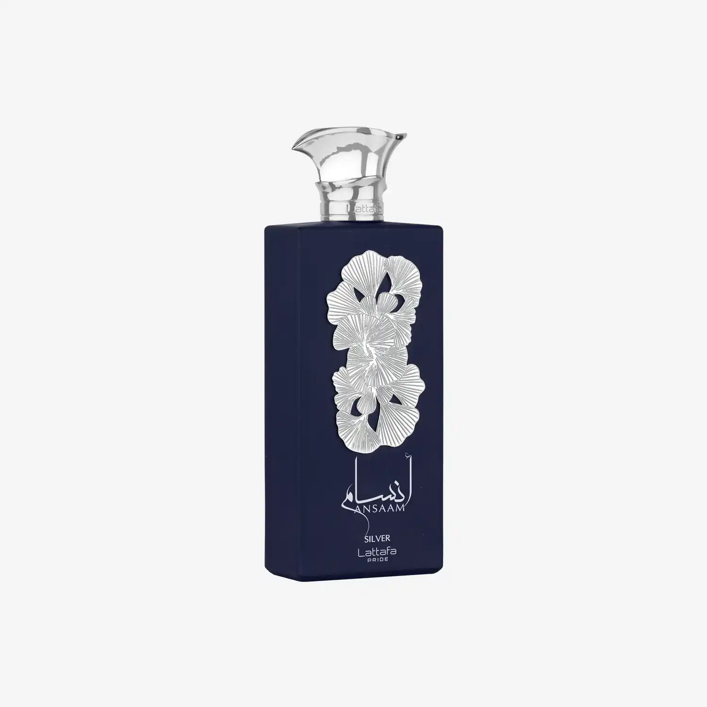 Elegant dark blue perfume bottle with silver floral design and metallic cap, labeled Ansaaam Silver.