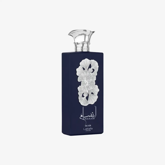 Elegant dark blue perfume bottle with silver floral design and metallic cap, labeled Ansaaam Silver.
