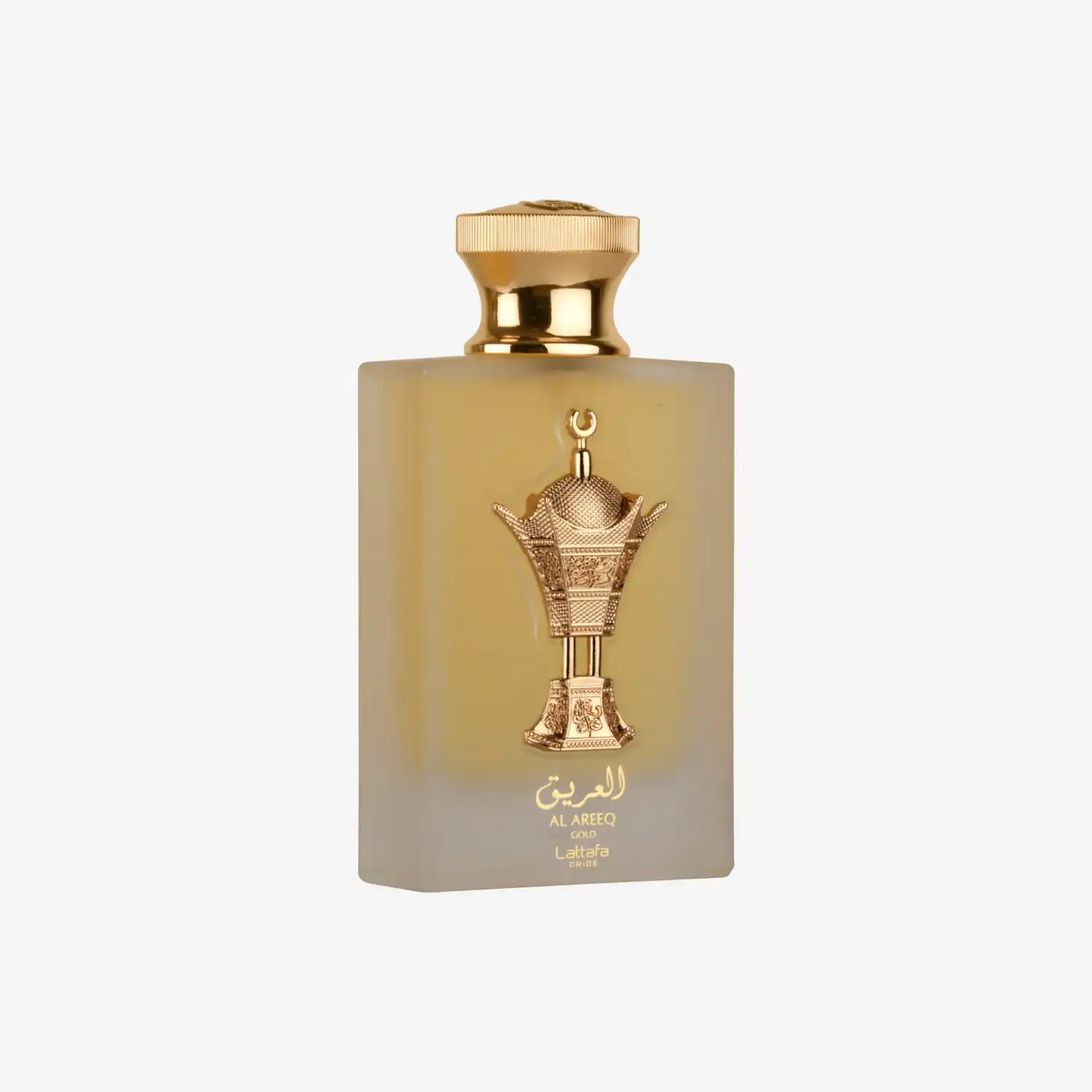 Al Areeq Gold Lattafa perfume bottle with gold Arabic design and golden cap