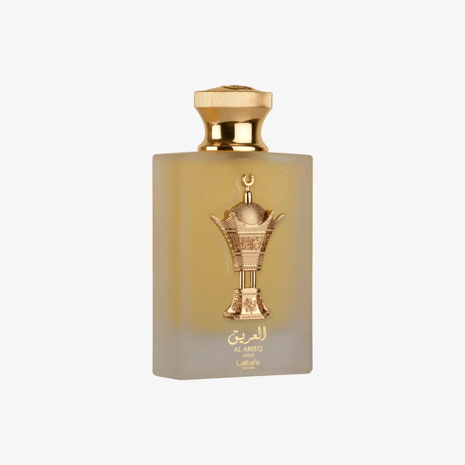 Al Areeq Gold Lattafa perfume bottle with gold Arabic design and golden cap