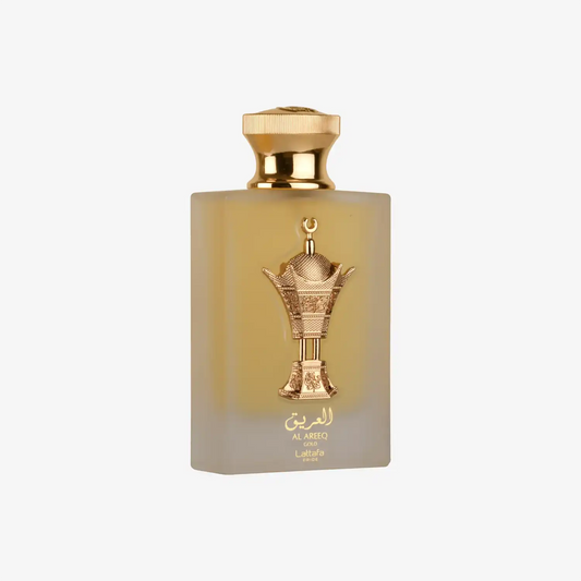Al Areeq Gold Lattafa perfume bottle with gold Arabic design and golden cap