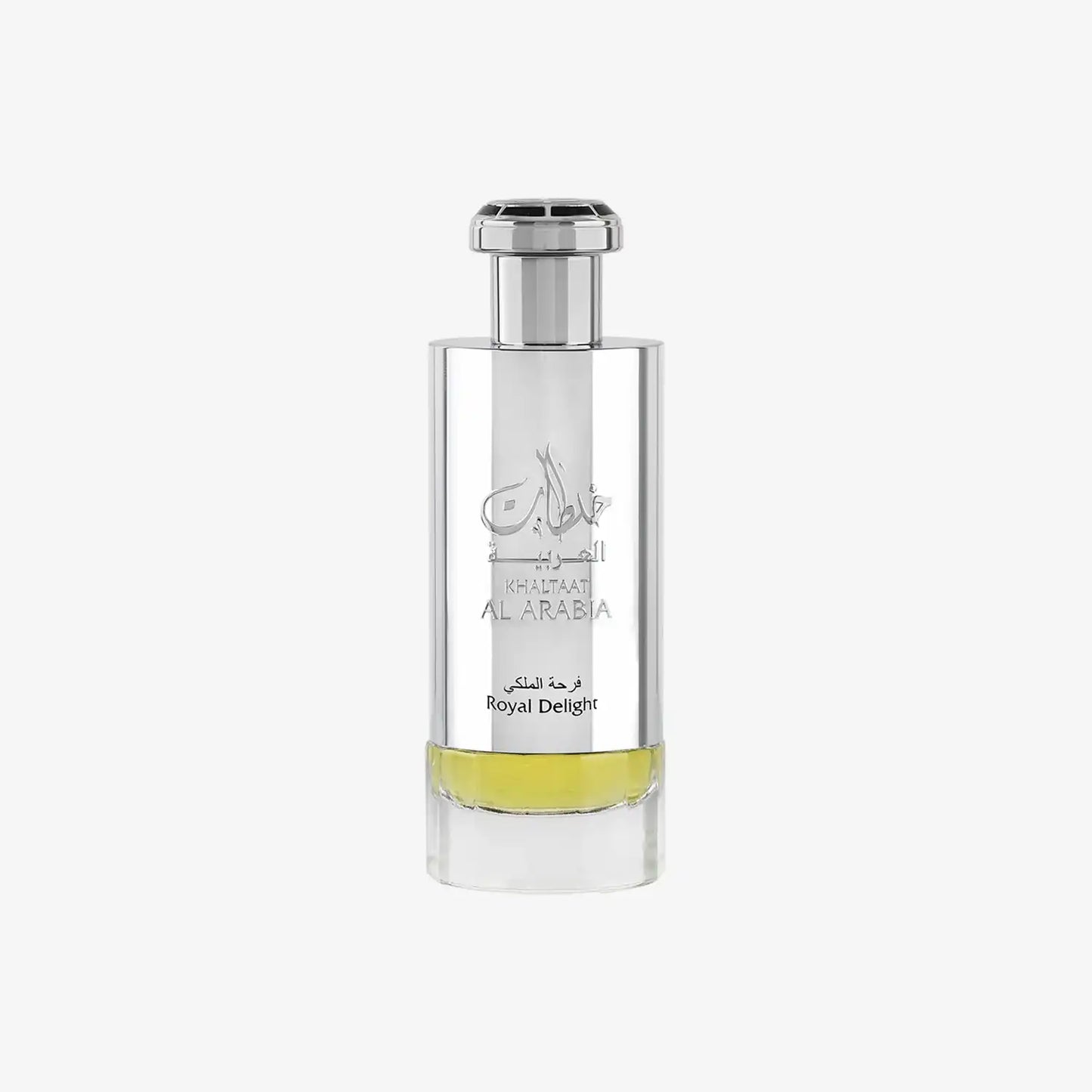 Khaltaat Al Arabia Royal Delight perfume bottle with clear liquid on white background