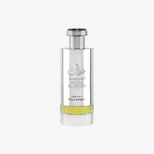 Khaltaat Al Arabia Royal Delight perfume bottle with clear liquid on white background