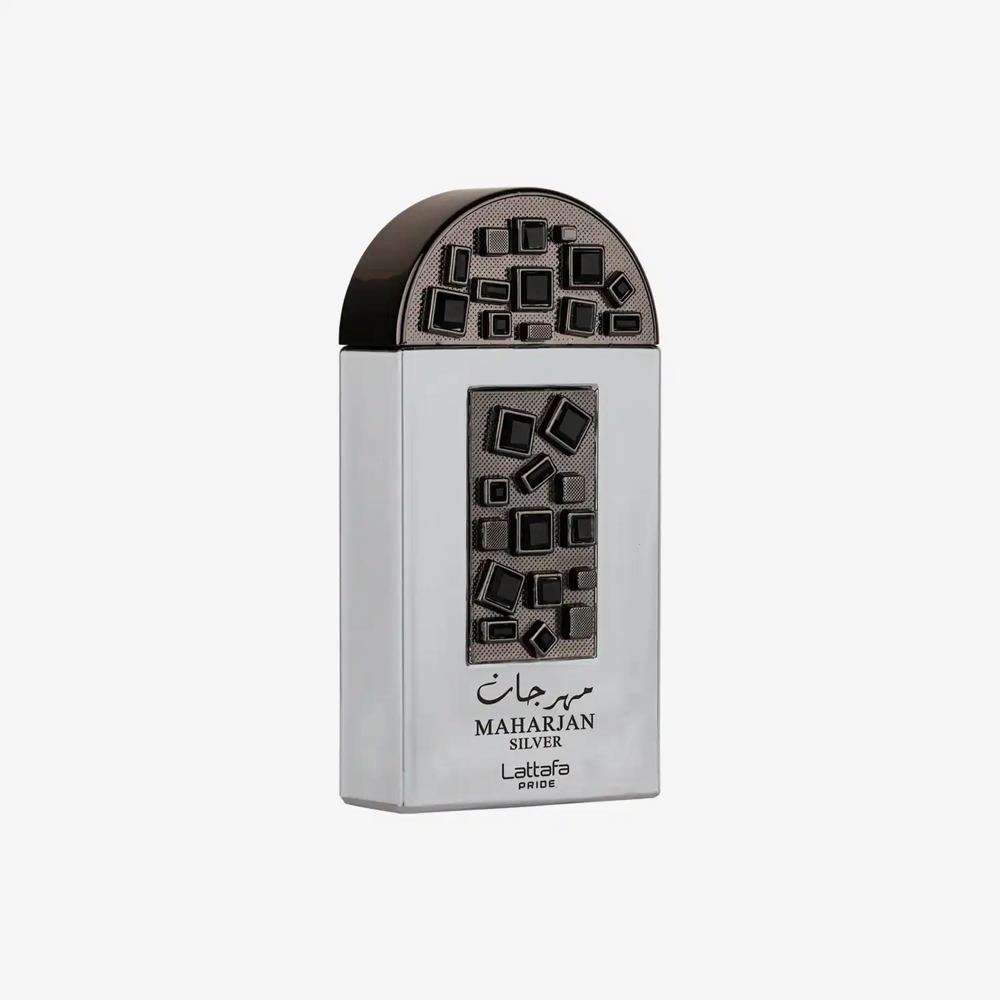 Lattafa Maharjan Silver perfume bottle with geometric design, Middle Eastern fragrance