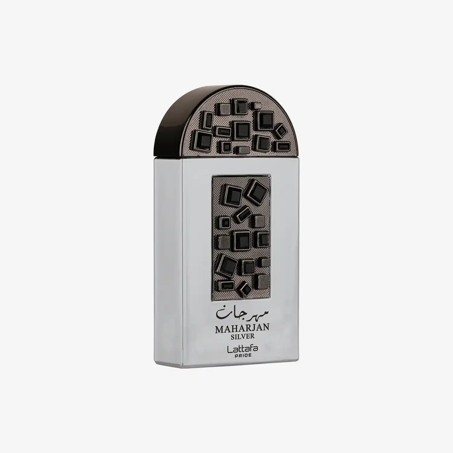 Lattafa Maharjan Silver perfume bottle with geometric design, Middle Eastern fragrance