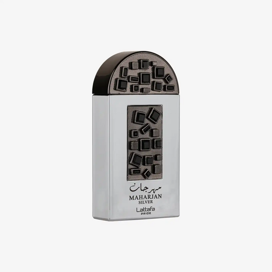 Lattafa Maharjan Silver perfume bottle with geometric design, Middle Eastern fragrance