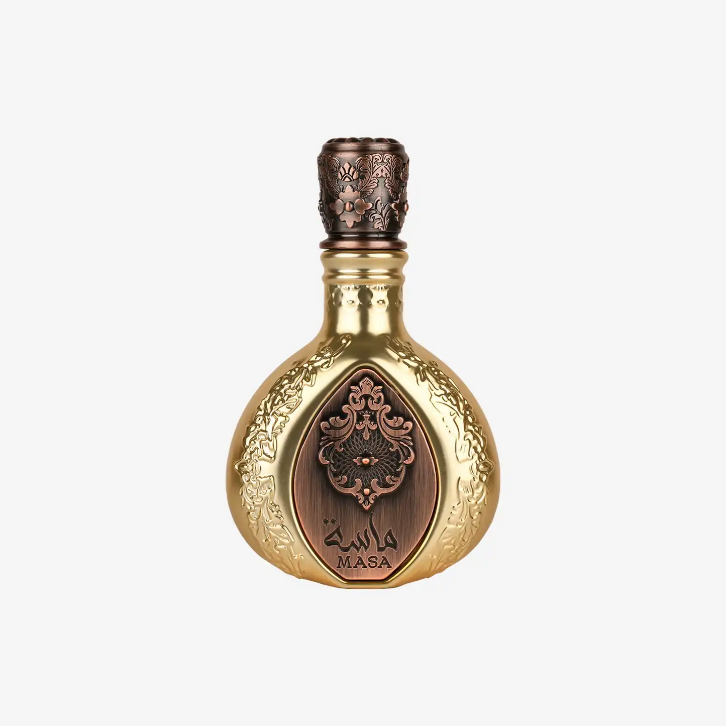 Ornate gold Middle Eastern perfume bottle with decorative bronze details and Arabic script