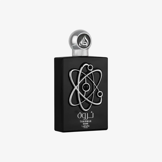 Black Tharwah Silver perfume bottle with silver atomic design and Arabic script, Middle Eastern fragrance.