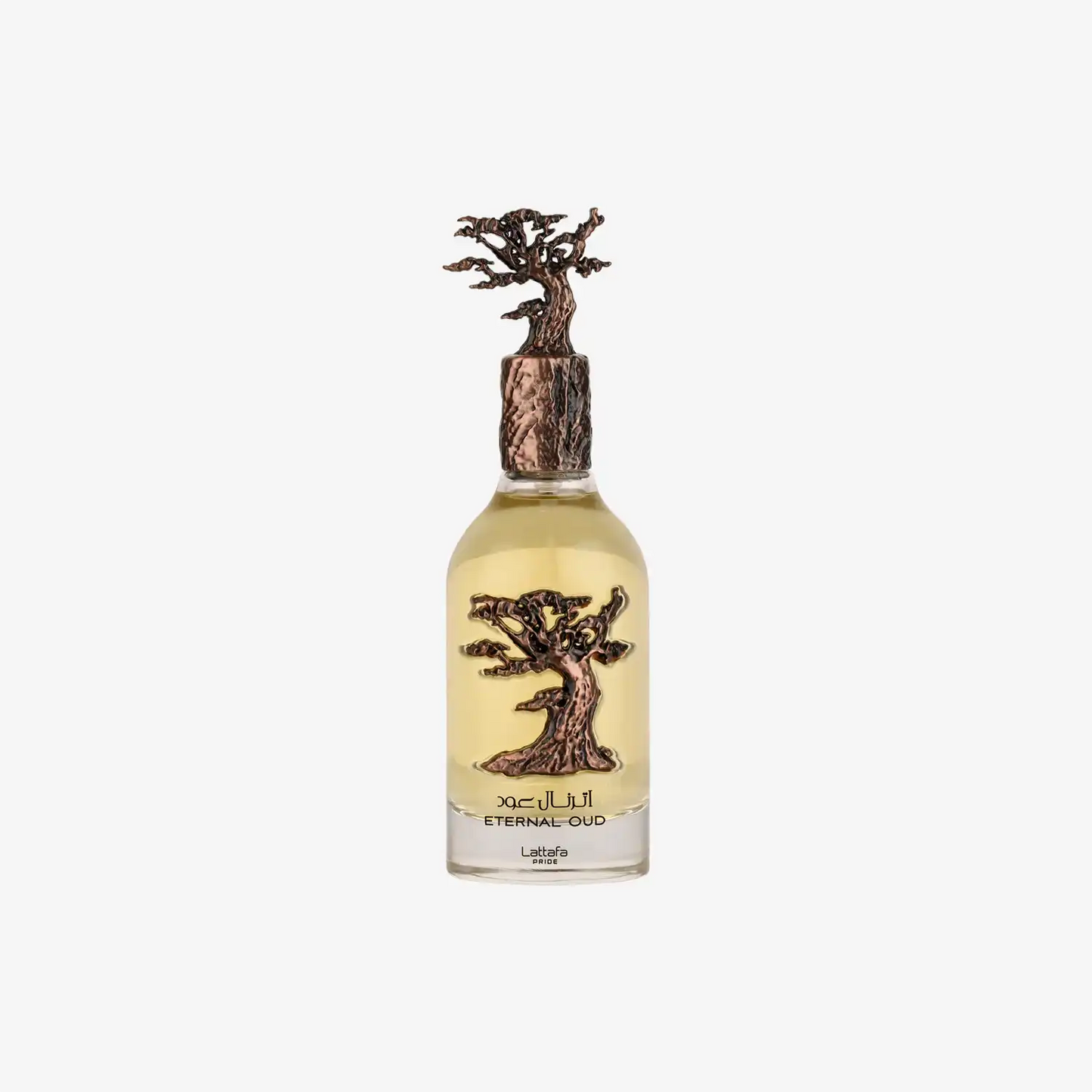 Eternal Oud perfume bottle with bronze tree design and decorative cap, Middle Eastern fragrance