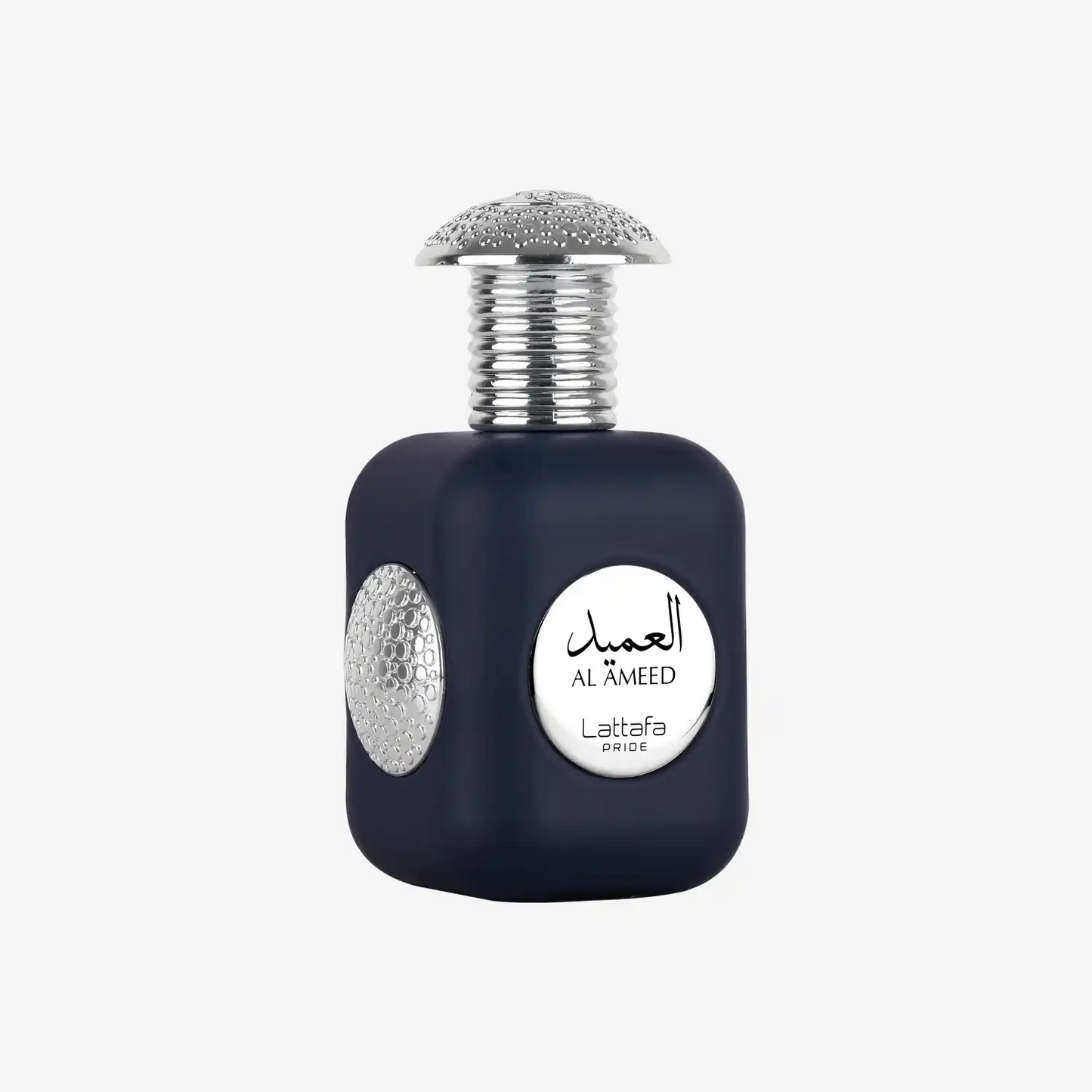 Lattafa Pride Al Ameed perfume bottle with silver accents on white background