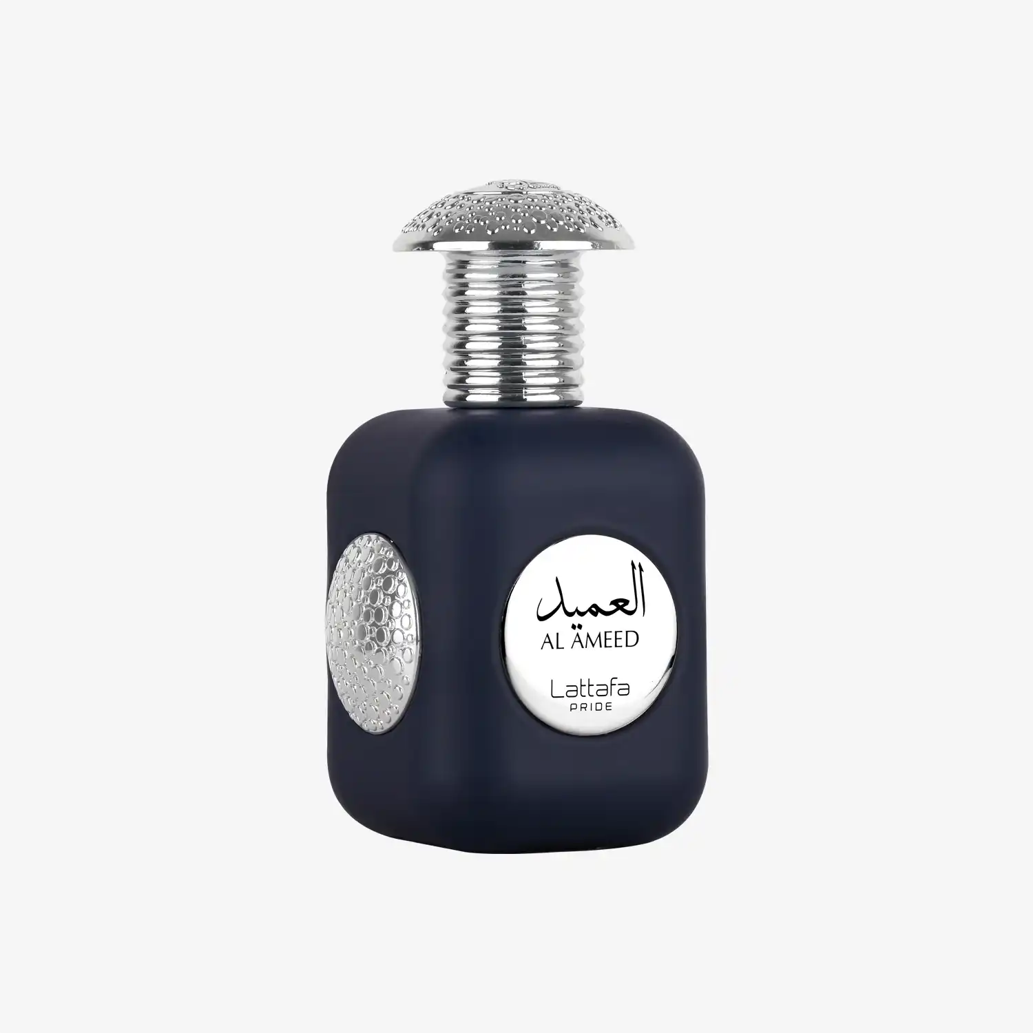 Lattafa Pride Al Ameed perfume bottle with silver accents on white background