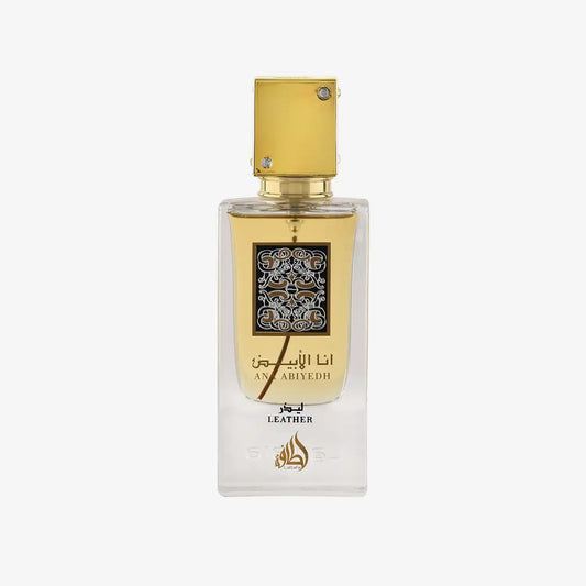 Middle Eastern perfume bottle labeled Ana Abiyedh Leather with gold cap and Arabic script
