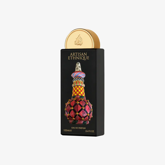 Artisan Ethnique perfume box with colorful geometric Middle Eastern bottle illustration
