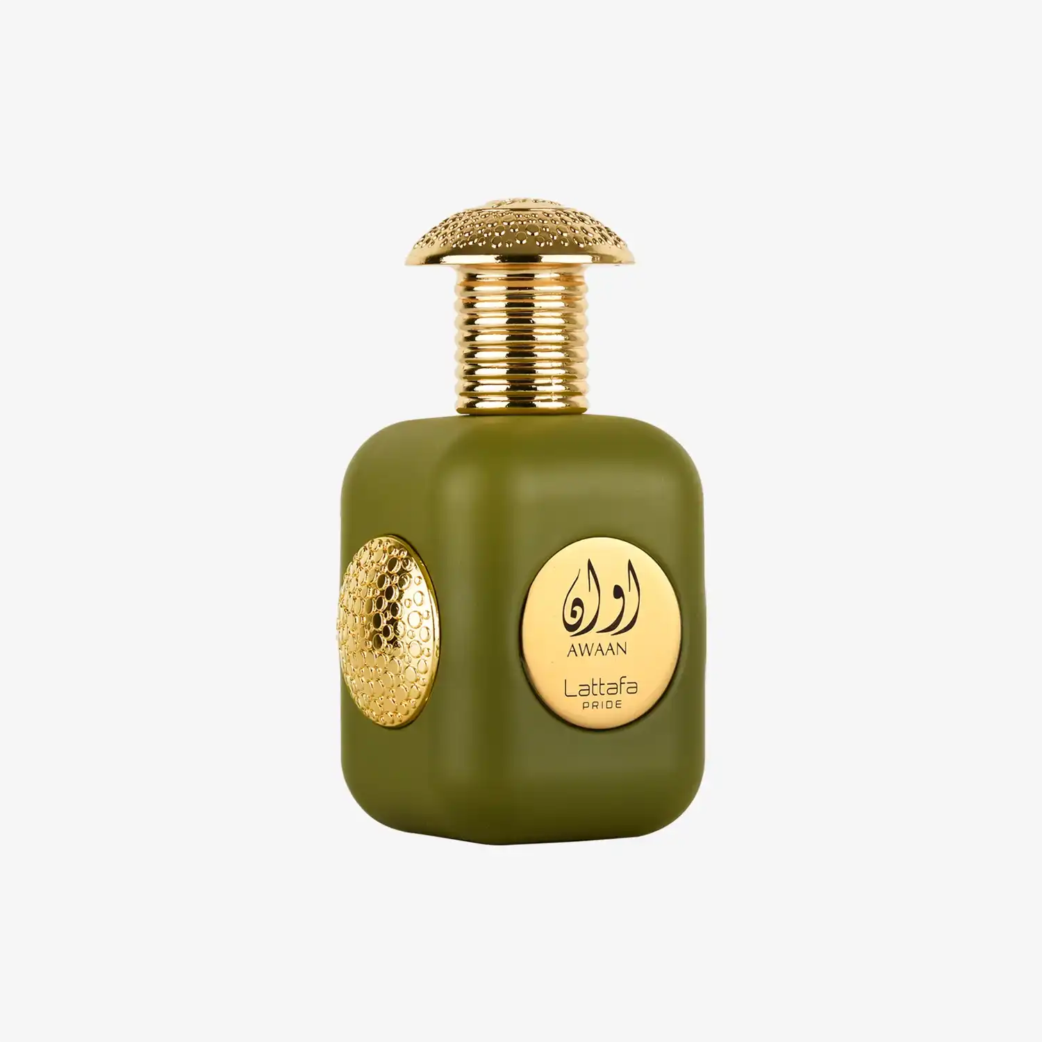 Lattafa Pride Awaan perfume bottle in matte green with gold accents, Middle Eastern fragrance
