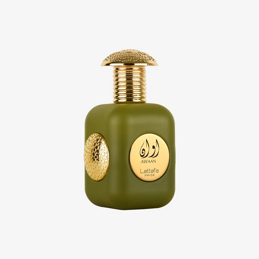 Lattafa Pride Awaan perfume bottle in matte green with gold accents, Middle Eastern fragrance