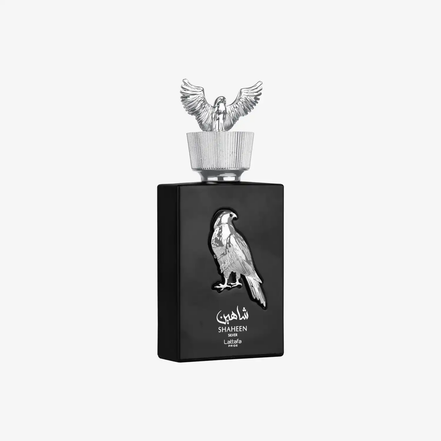 Black Shaheen perfume bottle with silver falcon emblem and decorative cap