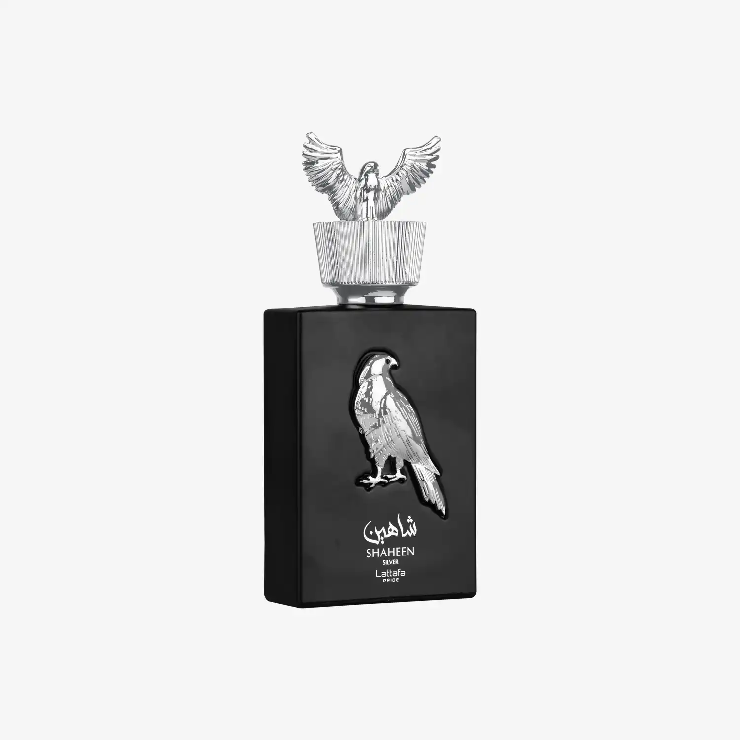 Black Shaheen perfume bottle with silver falcon emblem and decorative cap