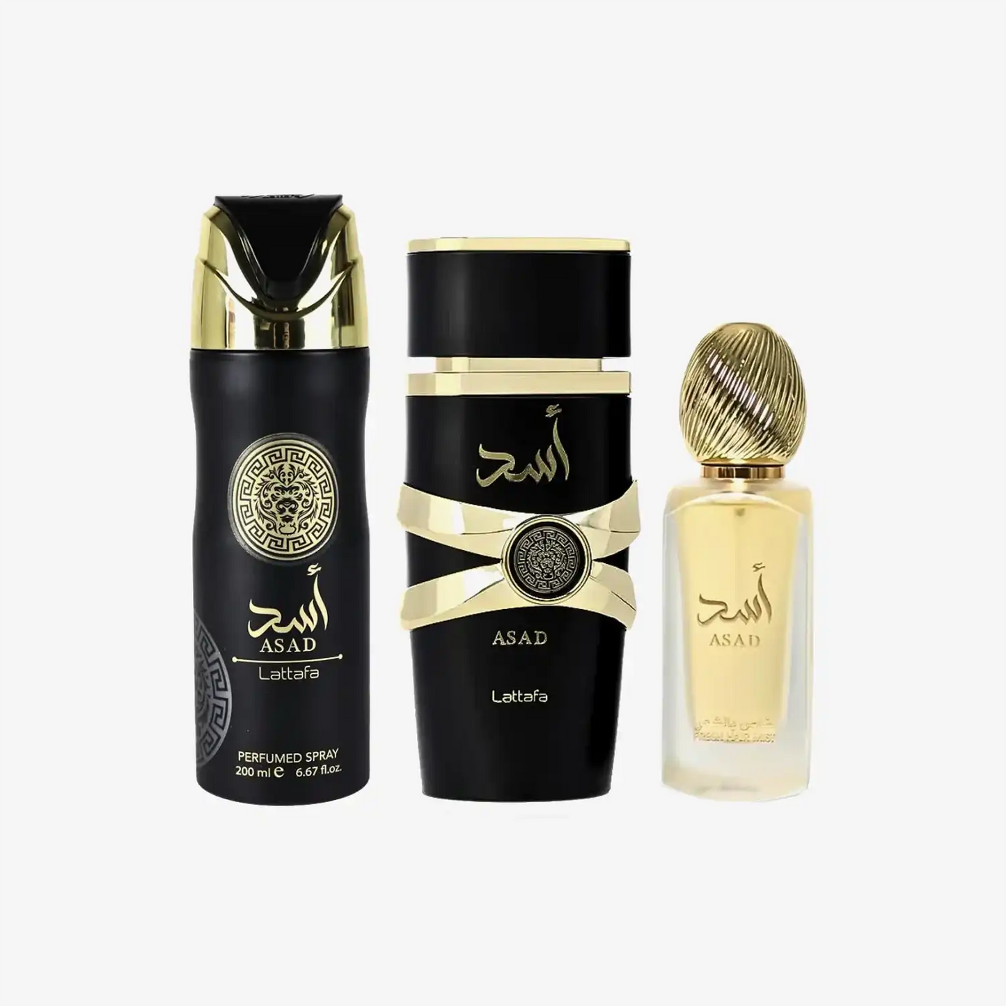 Middle Eastern Lattafa Asad perfume and body spray set in black and gold bottles