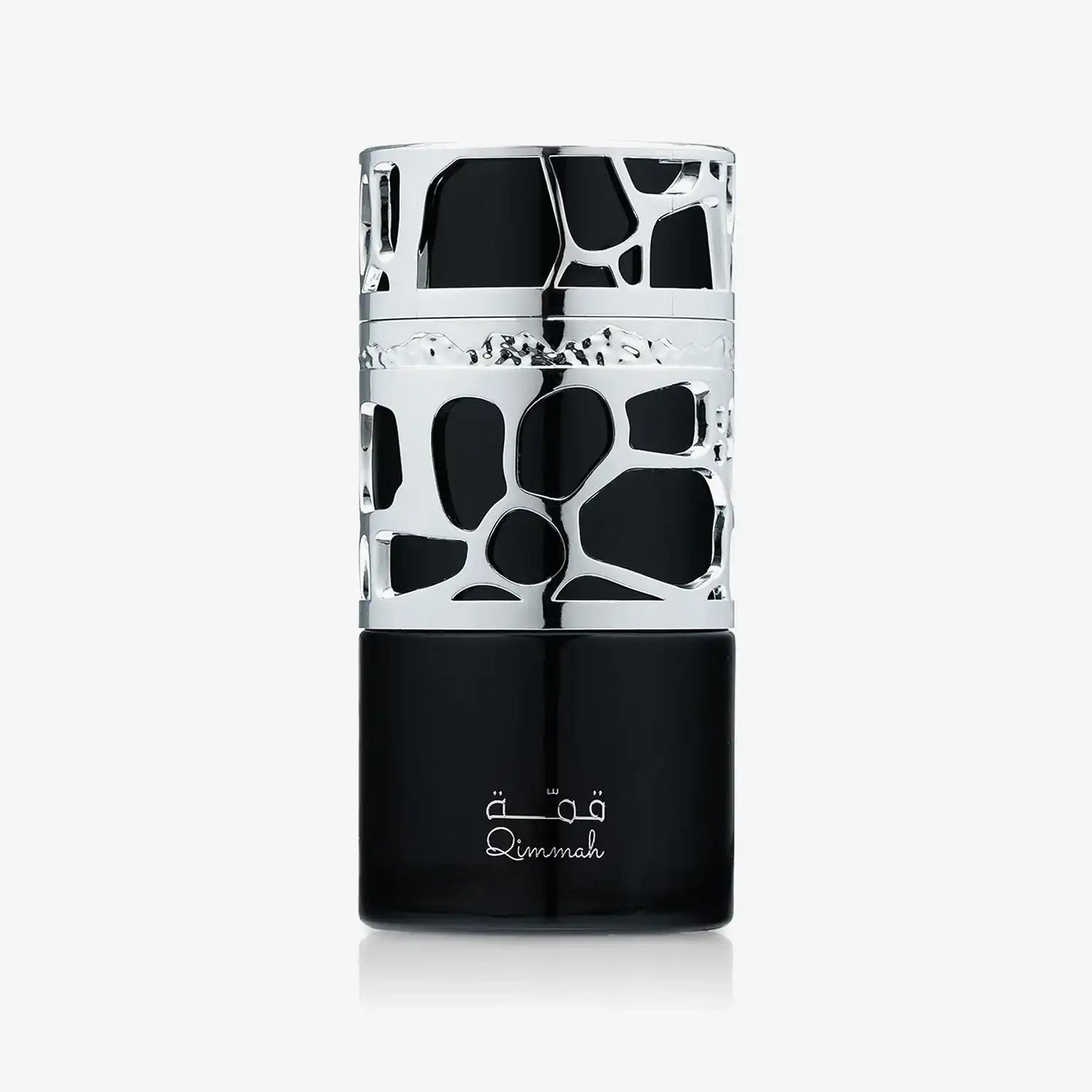 Elegant Middle Eastern perfume bottle with black base and silver geometric accents