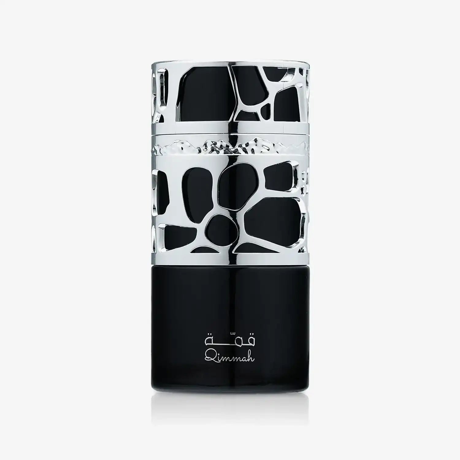 Elegant Middle Eastern perfume bottle with black base and silver geometric accents